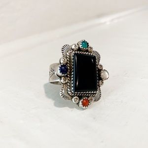 Navajo Signed Sterling Silver onyx Cluster Ring